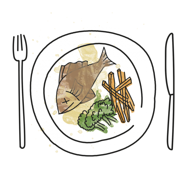 Grafika zastawy stołowej i na niej ryby z warzywami
